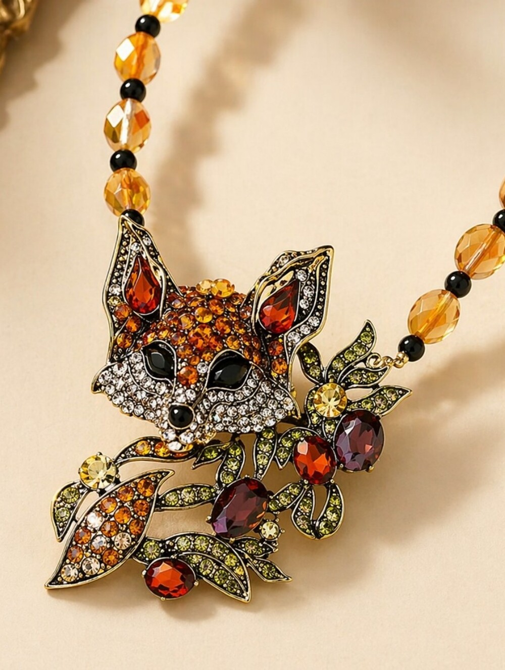 💎Fox Necklace & Brooch Set Vintage Inspired Amber Rhinestone Statement Jewelry.